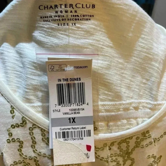 Charter Club Cream Sequined Embellished Short Sleeve Blouse Size 1X - Picture 4 of 6